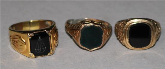 Two 9ct gold rings and one other ring (a.f.).